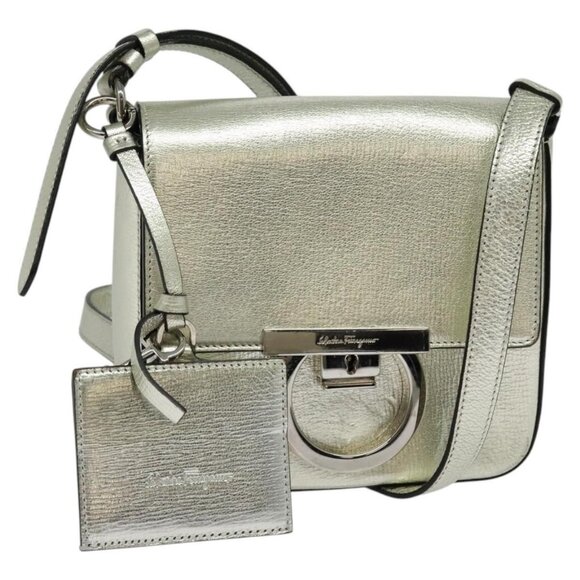 Salvatore Ferragamo Gancini Bag Leather Champagne Gold Silver Auth - Picture 2 of 16